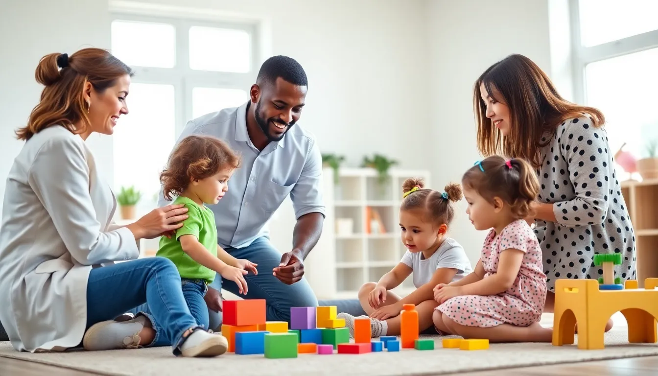 professionals engaging children in a vibrant playroom for early intervention.