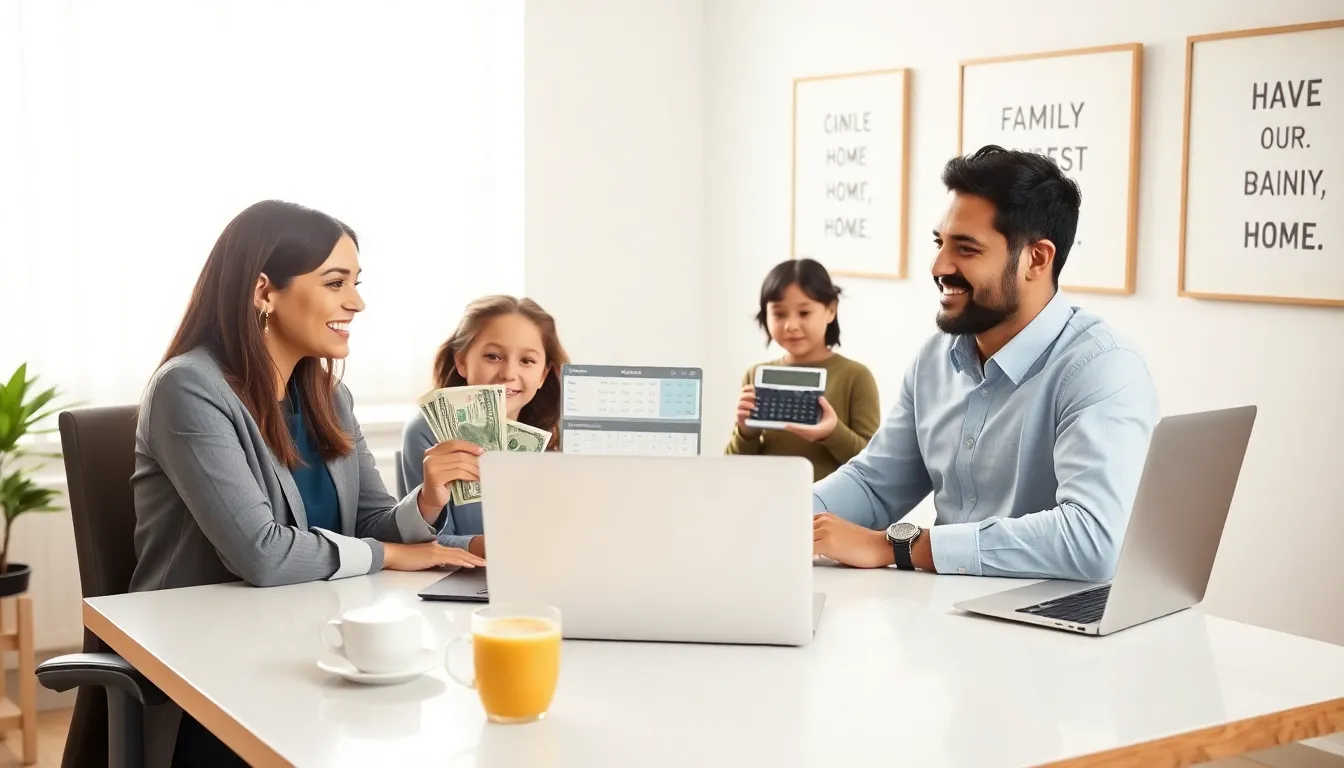 a family budgeting together using a calculator in a home office.