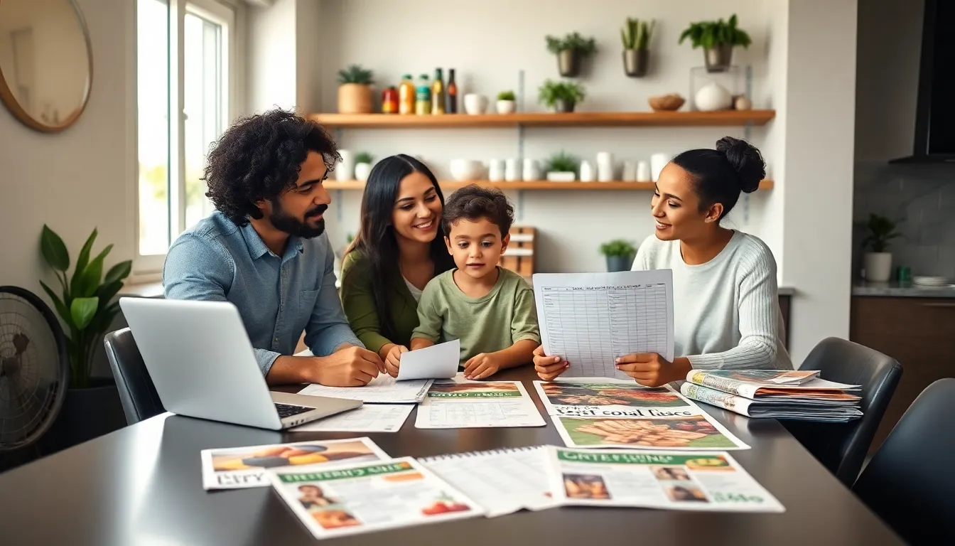 family planning their grocery budget in a bright kitchen.