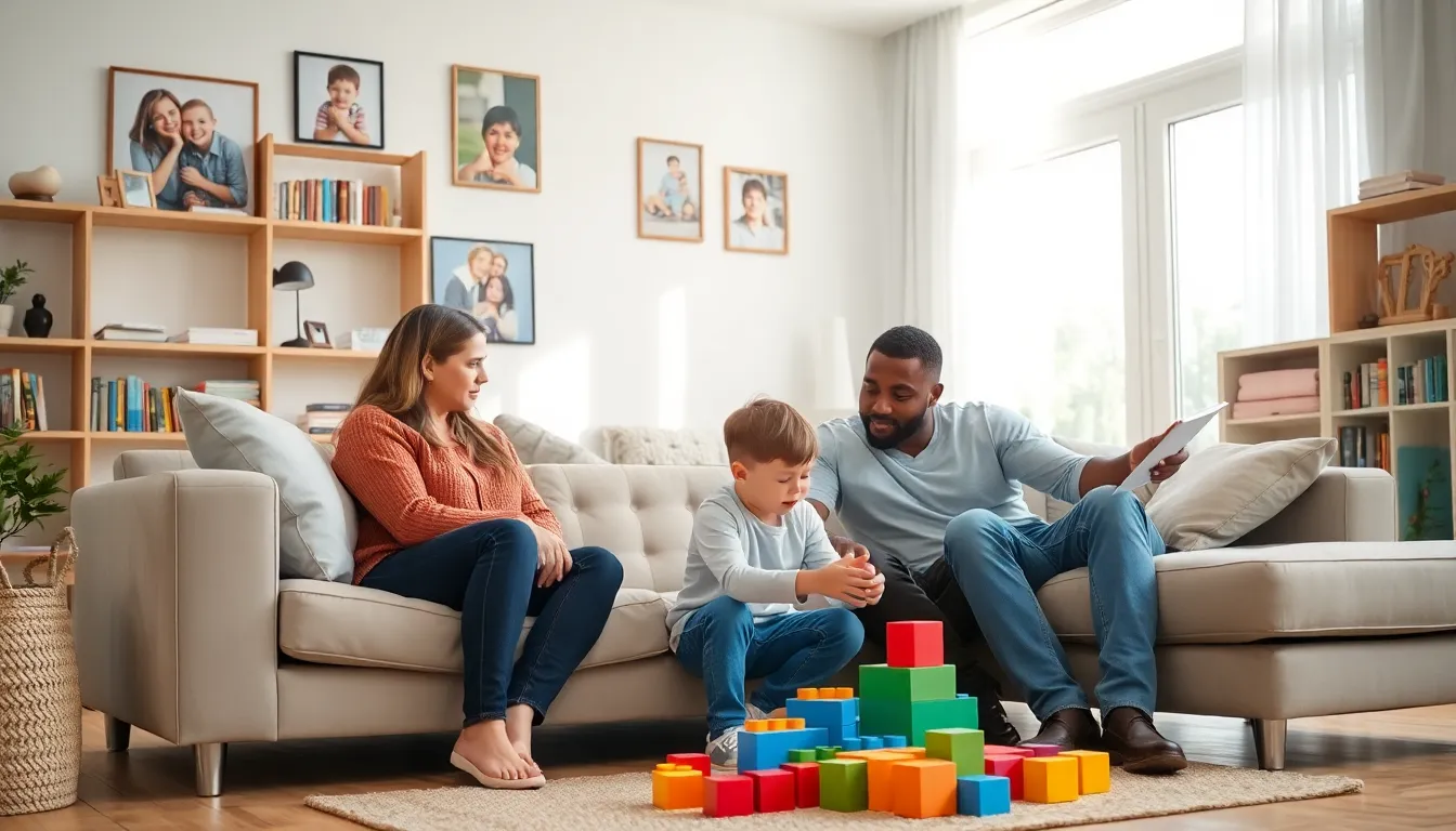Diverse family in a modern living room, illustrating a fostering environment.
