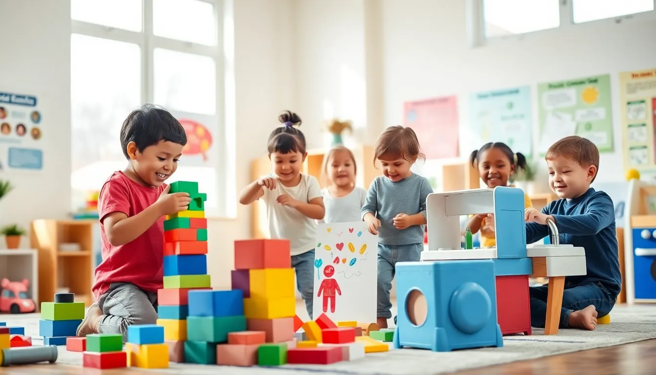 children engaged in various play activities in a bright classroom.